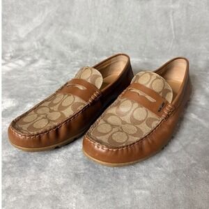 COACH Men's Shoes Loafer Size 11.5 Saddle Leather MOTT DRIVE SIG Brown Khaki